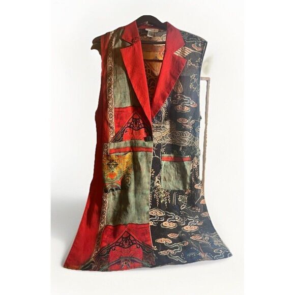 Aris A Asian Print Vest Tang Dragons Landscape Red  Women’s 2XL.        C - Picture 1 of 9